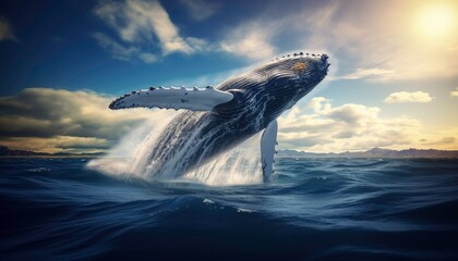 Fototapeta premium A whale is leaping out of the water, creating a splash. Concept of freedom and power, as the whale soars through the air. Generative AI