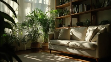 A warm and inviting living room setting featuring abundant plants and gleaming sunlight streaming through the windows, creating a serene and peaceful ambiance.