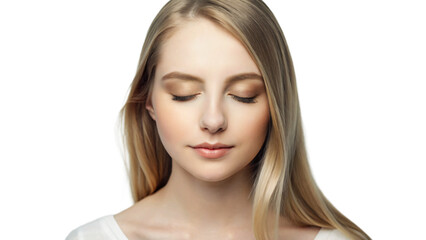 Naklejka premium Close-up portrait of a woman with flawless skin, showcasing natural beauty and radiant health, eyes closed