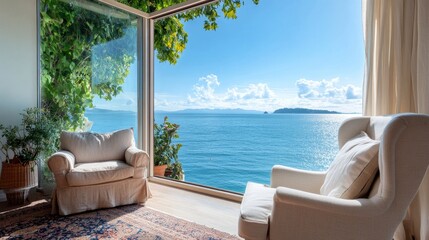 Fototapeta premium Cozy Living Room with Breathtaking Ocean Panoramic View