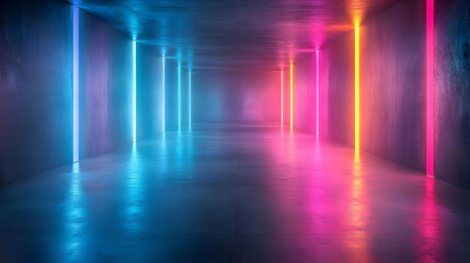 Neon Lights Reflecting in Concrete Room, Glowing Colors, Futuristic Design