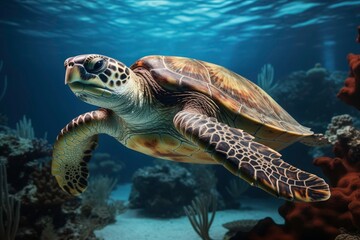 Obraz premium A turtle swims in the sea, with a school of fish swimming nearby. with coral reefs and fish creating a beautiful underwater view. Generative AI