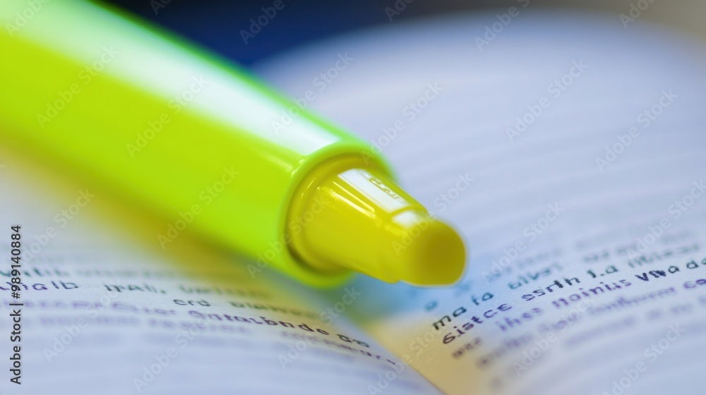 Poster a bright yellow highlighter resting on an open book page, emphasizing the text.