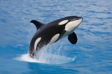 Obraz premium A black and white orca whale leaps out of the water. Concept of freedom and power as the whale soars through the air. Generative AI