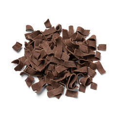 Heap of pure Chocolate flakes isolated on white background close up