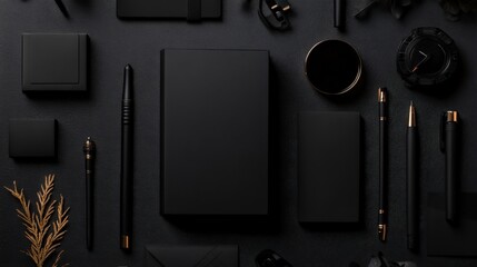 Varied black office accessories, including pens, notebooks, and gadgets, are artfully displayed on a textured surface, showcasing modern and stylish design.