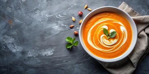 Creamy pumpkin and carrot soup garnished with swirls of cream served on a stylish grey stone background from a top view