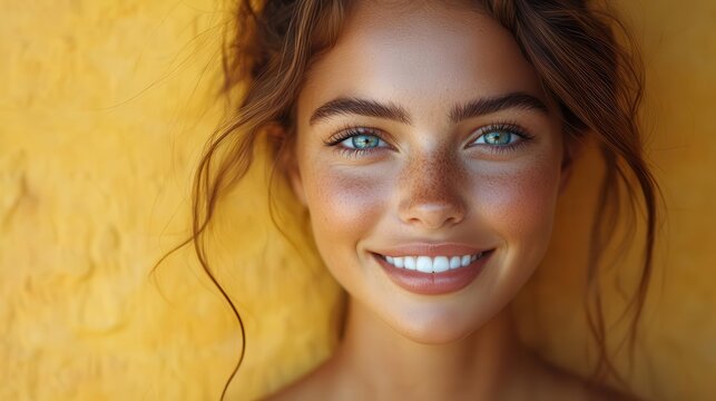 joyful portrait of young woman with radiant smile against vibrant yellow background natural candid expression captures genuine happiness and positive energy