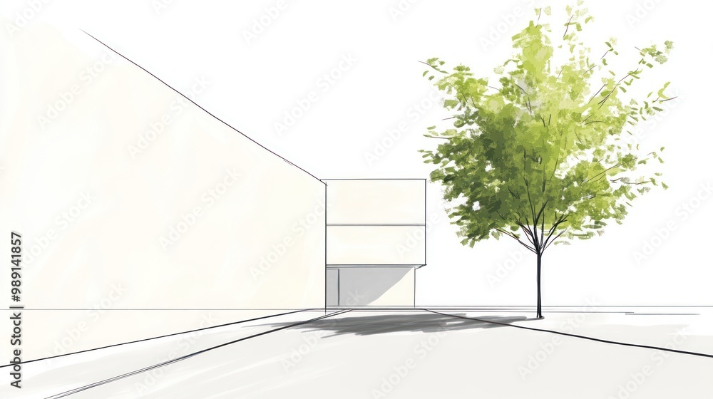 Poster a minimalist architectural sketch featuring a tree beside a simple building structure.