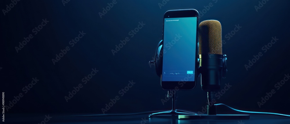 Poster a smartphone and microphone setup, ideal for recording or broadcasting audio.