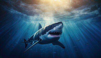 Fototapeta premium killer whale Orcinus orca is swimming in the deep blue sea. The water is blue, and the sun is shining brightly. Generative AI