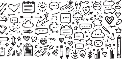 Set of cute pen line doodle element vector. Hand drawn doodle style collection of heart, arrows, scribble, speech bubble, star. Cute isolated collection for office