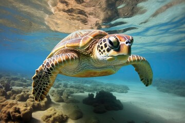 A turtle swims in the sea, with a school of fish swimming nearby. with coral reefs and fish creating a beautiful underwater view. Generative AI