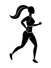 Young running woman, isolated vector silhouette. Run, side view
