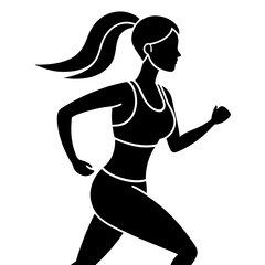 Young running woman, isolated vector silhouette. Run, side view