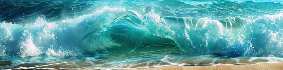 Fototapeta premium Turquoise Ocean Wave: Rolling ocean waves crash against a sandy shore.