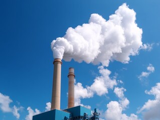 Industrial Power Plant Emitting Smoke Against Blue Sky