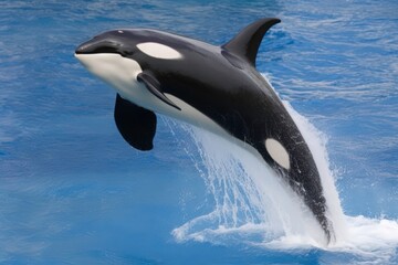 Fototapeta premium A black and white orca whale leaps out of the water. Concept of freedom and power as the whale soars through the air. Generative AI