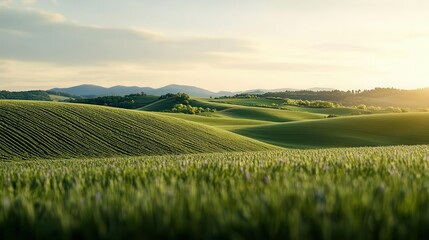 Obraz premium Green hills with blooming lavender and poppies, fertile land, soft sunlight filtering through clouds, dynamic lighting, vibrant colors
