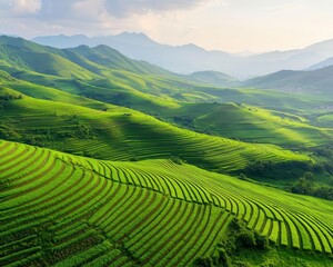 Fototapeta premium Green hills with terraces of crops, fertile land, misty morning light, high detail, lush greenery, cinematic wide-angle view