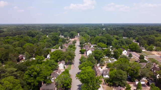 Historic Duke and Gloucester Street in Colonial Williamsburg Virginia. Aerial View.