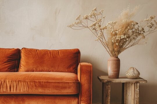 A cozy orange velvet sofa with decorative pillows beside a rustic table featuring a vase of dried flowers The backdrop is a warm beige wall