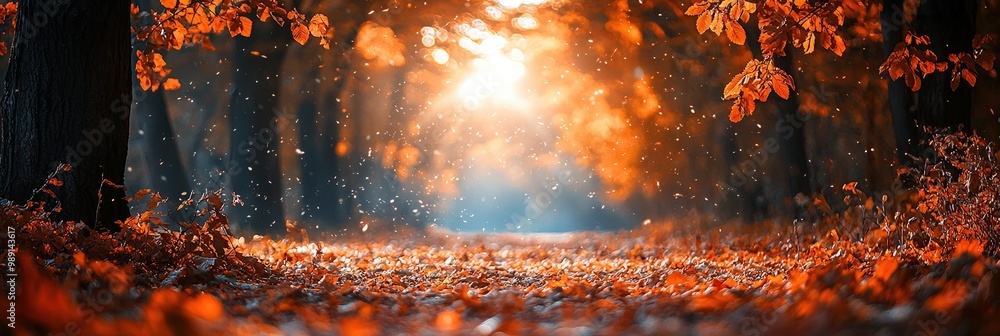 Poster Sunlight streams through the trees, illuminating a pathway covered in fallen orange leaves during a peaceful autumn afternoon in the forest