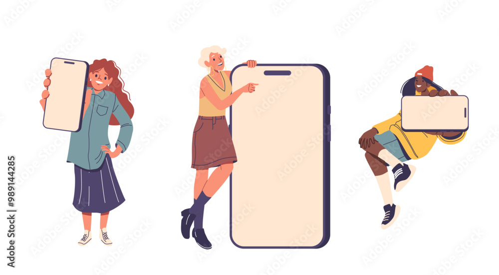 Poster characters displaying large mobile phone screen with joyful expressions. image showcases diversity a