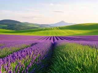 Rolling green hills with blooming lavender fields, warm sunlight, fertile landscape, high detail, cinematic wide-angle, serene atmosphere