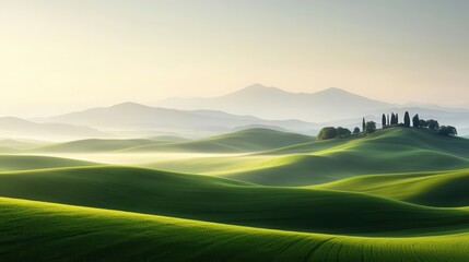 Fototapeta premium Fertile green hills at sunrise, morning mist hanging low, golden light on the horizon, high-definition, soft focus, tranquil atmosphere