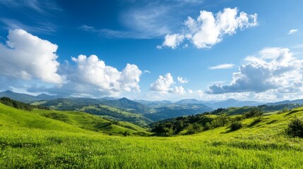 Fototapeta premium Picturesque Panoramic Landscape with Lush Rolling Hills and Majestic Mountains