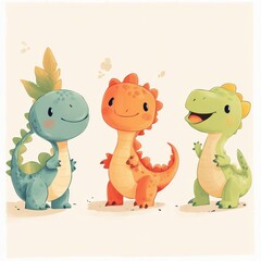 Obraz premium Adorable cartoon dinosaurs smiling together in vibrant colors, perfect for children's art, books, and playful themes.