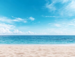 Fototapeta premium Pristine Beach Sand and Vast Ocean Horizon Under Sunny Skies