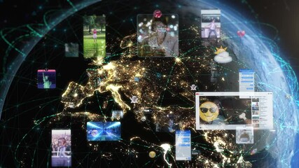 Europe Illuminated At Night, Depicting A Global Network Of Social Media, Influencers, Emojis, And Technology Connecting People Across The Earth With A Futuristic Interface.