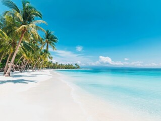 Pristine Tropical Beach with Swaying Palm Trees and Turquoise Ocean