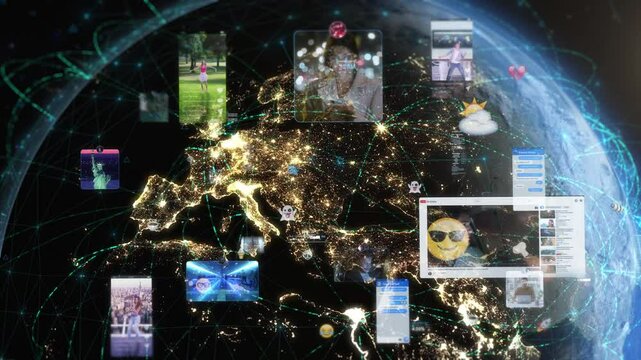 Europe Illuminated At Night, Depicting A Global Network Of Social Media, Influencers, Emojis, And Technology Connecting People Across The Earth With A Futuristic Interface.