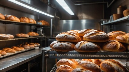 Bakery kitchen with fresh bread loaves background