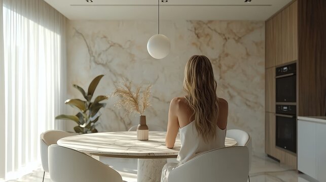 In a contemporary kitchen with elegant marble walls, a woman quietly enjoys her time at a round dining table while basking in the soft sunlight streaming through the large windows - Powered by Adobe