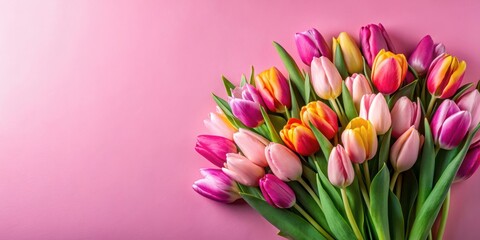 Fototapeta premium A beautiful bouquet of tulips on a pink background with space for text, perfect for any floral-themed design