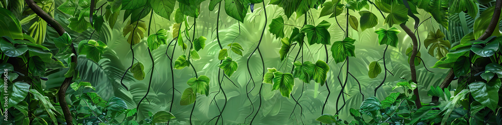 Wall mural lush green jungle canopy: a dense green rainforest canopy with vines and leaves.