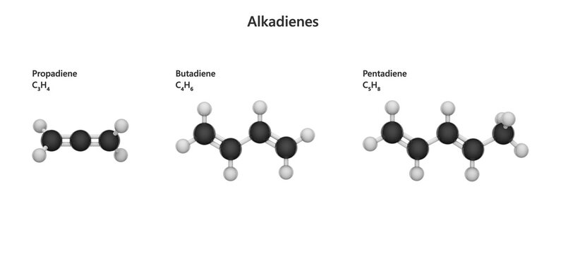 The poster presents a visually appealing and informative overview of three essential unsaturated hydrocarbons - Propadiene (C3H4), Butadiene (C4H6), and Pentadiene (C5H8). White back. 3D illustration