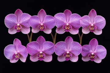Obraz premium A Row of Six Vivid Purple Orchids with Visible Veins Against a Black Background
