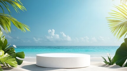 Sleek White Stone Podium on Sunlit Tropical Beach Scenery