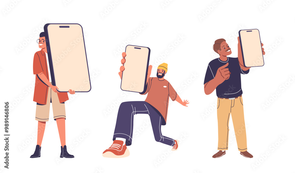 Poster three animated characters holding oversized mobile phones with blank screens showing a playful and m