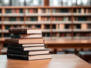 Stack of Books in Front of a Wooden Library Shelves Workspace