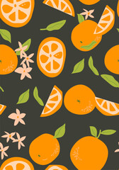 Abstract vertical orange poster, vector flat illustration. Summer or autumn bright pattern with tropical citrous fruit, modern cover design. Can used for labels, market ad, posters, covers for print.