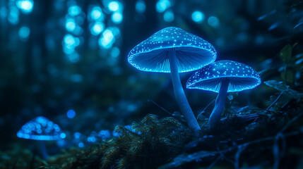 Glowing jellyfish drift gracefully in deep blue water, illuminated by ethereal light beams from above.
