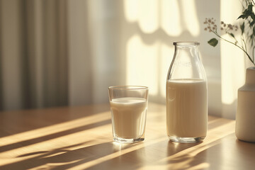 a glass of milk and a bottle of mile on the yellow table morning light at home backgrpund
