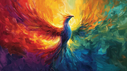 Obraz premium A vibrant, colorful phoenix spreads its wings, rising from fiery reds and yellows to cooler blues and greens in a dynamic, textured style.