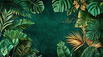 Tropical leaf banner on a vibrant emerald background. Featuring exotic botanical patterns in lush jungle hues, this design exudes natural beauty.